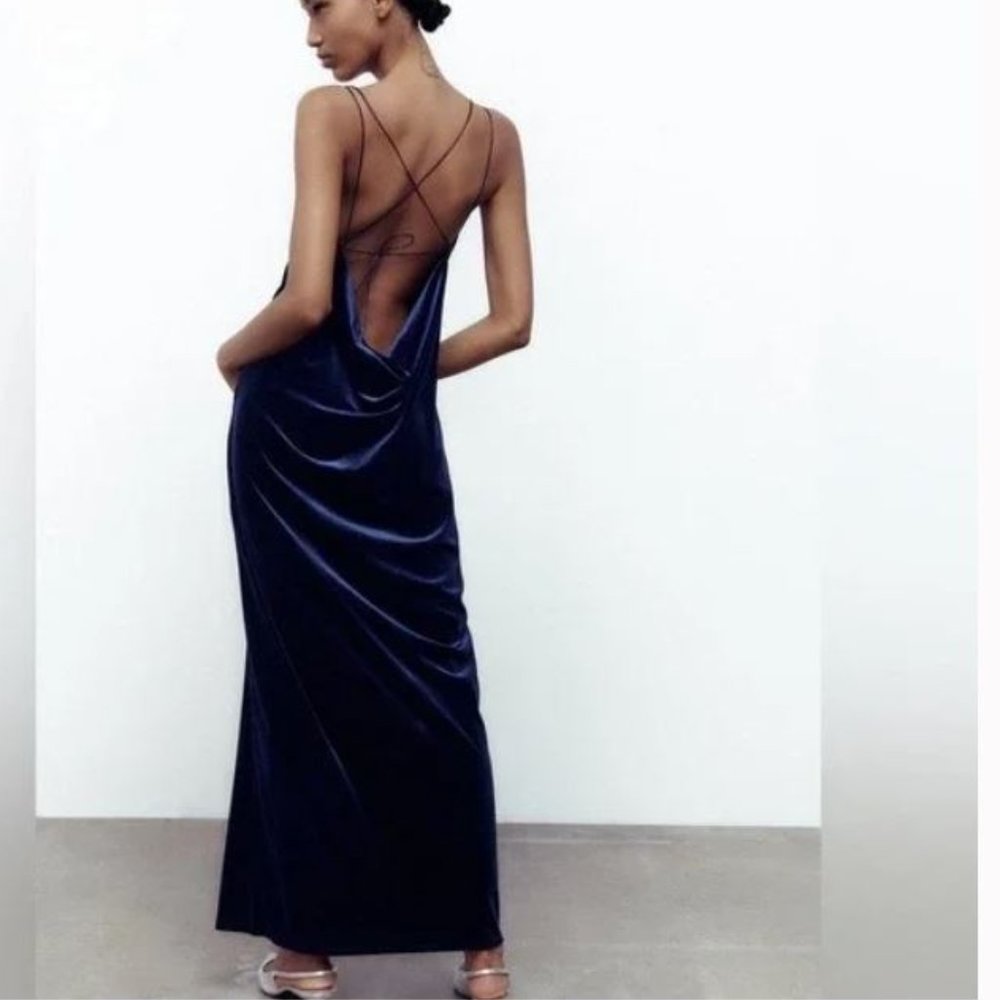 ZARA MIDNIGHT BLUE VELVET MIDI SLIP EVENING DRESS- REF. 2298/480